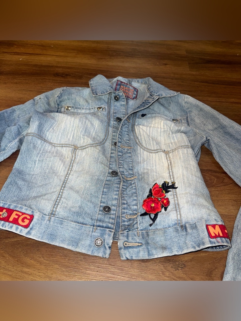 Rare Marithe Francois Girbaud Button Jean Jacket Women Medium Blue Denim Floral